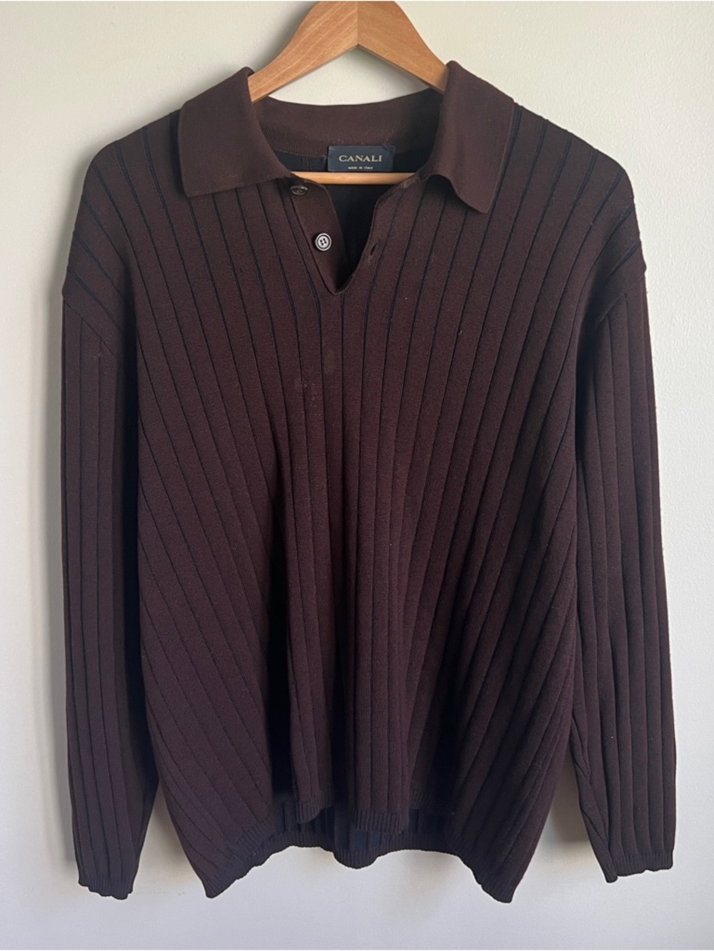 Canali Men’s Brown 100% Merino Extrafine Wool Long-Sleeve Polo Henley Sweater